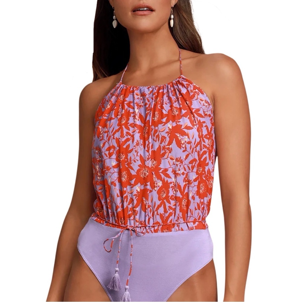 NWT Intimately Free People Small Liza Halter Tank Top Bodysuit Purple Red Floral